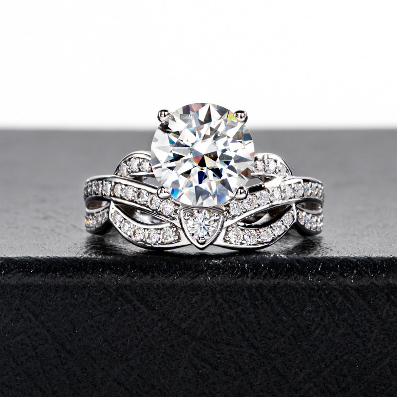 Moissanite Ring D Color Flower Head Ring Sterling Silver Twin Ring Set