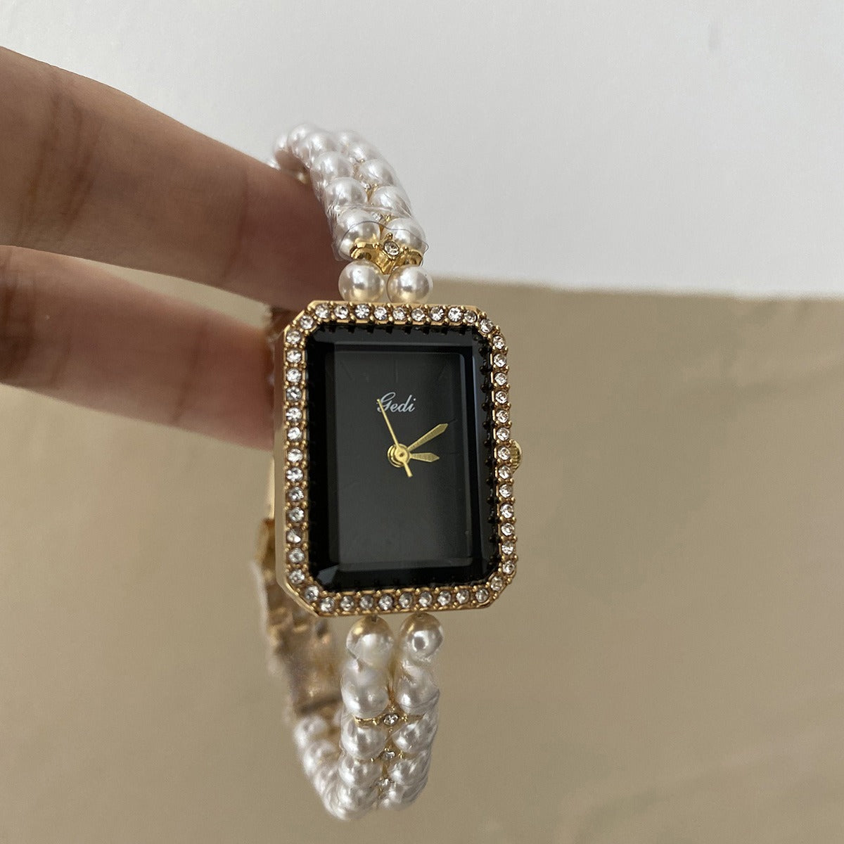 Silver Black Square Pearl Bracelet Diamond Fashion Quartz Watch