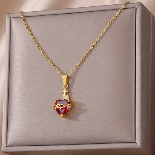 New Heart-shaped Cross Zircon Necklace Red Pendant Female Personality