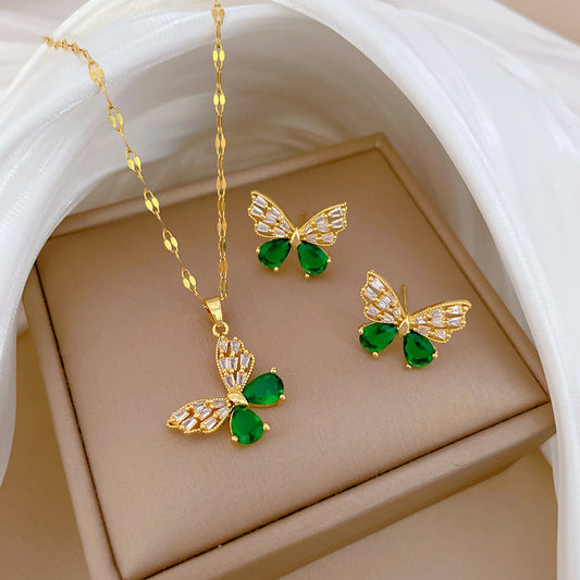 Hollow Butterfly Necklace And Earrings Suite Light Luxury Micro-inlaid Personality